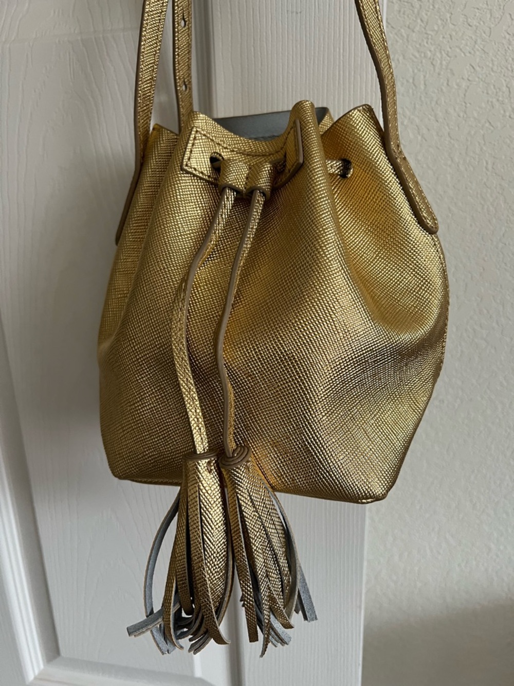 J. Crew Gold Drawstring Bucket Bag with Tassels - Picture 3 of 11